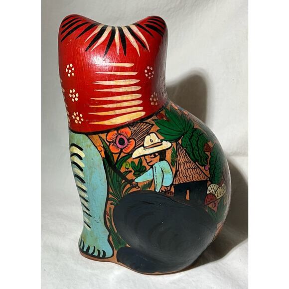 Vintage Mexican Folk Art Colorful Hand Painted Terracotta Cat Ornamental Figure - Picture 3 of 8